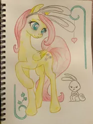 Size: 1024x1366 | Tagged: safe, artist:grokostimpy, derpibooru import, angel bunny, fluttershy, pegasus, pony, angel bunny is unamused, angel is not amused, bunny ears, crossed arms, cute, duo, female, mare, raised hoof, shyabetes, traditional art