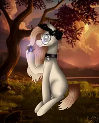 Size: 1080x1350 | Tagged: safe, artist:rxndxm.artist, derpibooru import, oc, unofficial characters only, butterfly, earth pony, insect, pony, earth pony oc, floral head wreath, flower, glasses, hoof hold, outdoors, raised hoof, sitting, solo, tree