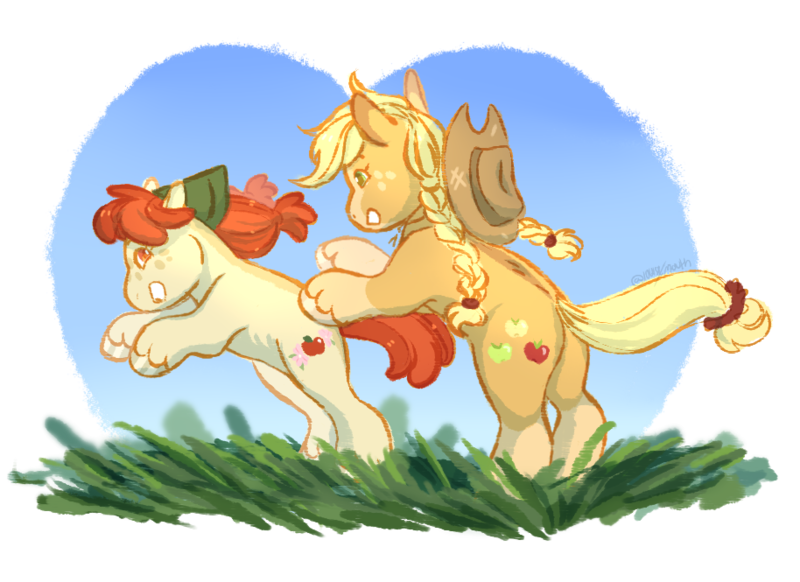 Size: 914x665 | Tagged: safe, artist:iouise, derpibooru import, apple bloom, applejack, earth pony, pony, alternate cutie mark, apple sisters, braided pigtails, cowboy hat, duo, female, filly, freckles, handkerchief, hat, mare, running, siblings, simple background, sisters, transparent background, unshorn fetlocks