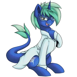 Size: 1200x1200 | Tagged: safe, artist:novaspark, derpibooru import, oc, oc:nova spark, unofficial characters only, monster pony, original species, tatzlpony, unicorn, derpibooru community collaboration, 2021 community collab, clothes, fangs, female, lab coat, one eye closed, simple background, solo, transparent background, wink