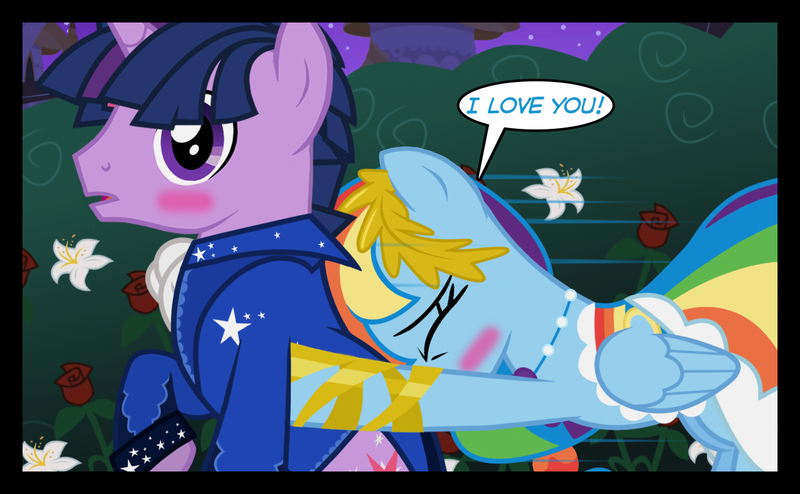 Size: 1280x790 | Tagged: safe, artist:bigsnusnu, derpibooru import, rainbow dash, twilight sparkle, pegasus, pony, unicorn, comic:dusk shine in pursuit of happiness, blushing, clothes, dress, dusk shine, duskdash, female, gala dress, half r63 shipping, hug, lesbian, love confession, male, mare, rule 63, shipping, stallion, straight, twidash