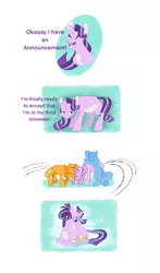 Size: 1276x2165 | Tagged: safe, artist:vio-dacreator, derpibooru import, starlight glimmer, sunburst, trixie, oc, oc:dazzling lights, pony, unicorn, baby, baby pony, bisexual, comic, female, filly, hug, lesbian, magical threesome spawn, male, mare, missing cutie mark, offspring, parent:starlight glimmer, parent:sunburst, parent:trixie, parents:startrixburst, polyamory, preglight glimmer, pregnant, shipping, stallion, startrixburst, straight