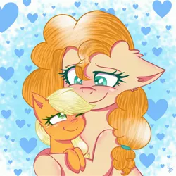 Size: 3098x3098 | Tagged: safe, artist:galaxy swirl, derpibooru import, applejack, pear butter, earth pony, pony, cute, duo, female, filly, filly applejack, heart, hug, jackabetes, mother and child, mother and daughter, pearabetes, smiling, younger