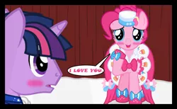 Size: 1280x790 | Tagged: safe, artist:bigsnusnu, derpibooru import, pinkie pie, twilight sparkle, comic:dusk shine in pursuit of happiness, clothes, curtains, dress, duskpie, dusk shine, female, gala dress, half r63 shipping, lesbian, love confession, male, rule 63, shipping, straight, twinkie