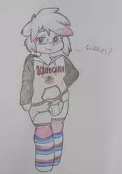 Size: 2553x3641 | Tagged: :3, anthro, artist:star lily, clothes, derpibooru import, diaper, femboy, hoodie, male, oc, oc:star lily, safe, socks, solo, soundgarden, striped socks, traditional art, unofficial characters only