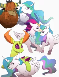 Size: 1280x1657 | Tagged: safe, artist:primrosepaper, derpibooru import, prince rutherford, princess celestia, queen novo, thorax, alicorn, changedling, changeling, hippogriff, yak, my little pony: the movie, female, king thorax, lesbian, male, novolestia, rutherlestia, shipping, straight, thoralestia