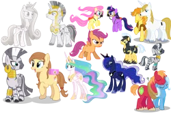 Size: 2500x1671 | Tagged: safe, artist:anarchemitis, derpibooru import, braeburn, fluttershy, prince blueblood, princess cadance, princess celestia, princess luna, scootaloo, shining armor, trixie, twilight sparkle, twilight sparkle (alicorn), zecora, oc, oc:cream heart, alicorn, pegasus, pony, unicorn, zebra, female, male, mare, royal guard, scuba gear, shipping, simple background, statue, transparent background, vector, zebra oc