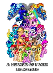 Size: 1100x1524 | Tagged: safe, artist:dasheroni, artist:template93, derpibooru import, apple bloom, applejack, babs seed, berry punch, berryshine, big macintosh, blaze, bon bon, carrot top, daisy, derpy hooves, doctor whooves, fire streak, flower wishes, fluttershy, golden harvest, junebug, lyra heartstrings, minuette, misty fly, octavia melody, pinkie pie, princess cadance, princess celestia, princess luna, rainbow dash, rarity, roseluck, scootaloo, shining armor, silver lining, silver zoom, soarin', spike, spitfire, sweetie belle, sweetie drops, time turner, twilight sparkle, twilight sparkle (alicorn), vinyl scratch, alicorn, dragon, earth pony, pegasus, pony, unicorn, absurd resolution, anniversary, cutie mark crusaders, female, foam finger, happy birthday mlp:fim, looking at you, male, mane seven, mane six, manepxls, mare, mlp fim's tenth anniversary, open mouth, pixel art, pxls.space, raised hoof, simple background, smoke, stallion, transparent background, wonderbolts