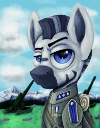 Size: 2200x2800 | Tagged: army, artillery, artist:ryanmangaming, bust, clothes, derpibooru import, equestria at war mod, forest, military, military uniform, mountain, portrait, safe, solo, tree, uniform, zebra