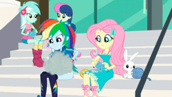 Size: 800x450 | Tagged: suggestive, derpibooru import, edit, edited screencap, editor:ardjet, screencap, angel bunny, bon bon, fluttershy, lyra heartstrings, rainbow dash, sweetie drops, a queen of clubs, equestria girls, equestria girls series, animated, background human, canterlot high, geode of fauna, geode of super speed, gif, implied masturbation, magical geodes, out of context