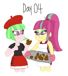 Size: 1280x1444 | Tagged: safe, artist:horroraceman93, derpibooru import, sour sweet, watermelody, equestria girls, apron, beret, clothes, cookie, female, food, hat, lesbian, shipping, simple background, sourmelody, transparent background