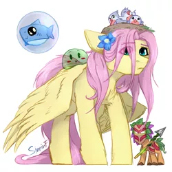 Size: 2480x2480 | Tagged: safe, artist:flysouldragon, artist:sinrinf, derpibooru import, fluttershy, bird, pegasus, pony, shark, bird nest, bubble, crossover, female, flower, flower in hair, looking at you, mare, pet, simple background, sitting on head, slime, solo, spread wings, standing, stray strand, terraria, video game, white background, wings, wings down