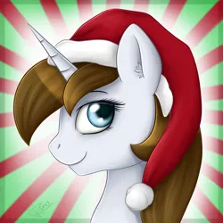 Size: 1500x1500 | Tagged: safe, artist:rena, derpibooru import, oc, oc:flower star, pony, unicorn, bust, chocolate mane, christmas, female, hat, holiday, looking at you, mare, portrait, red and green background, santa hat, sapphire eyes, white coat