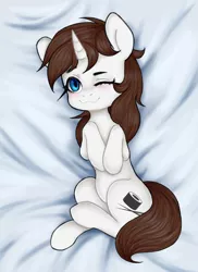 Size: 1746x2400 | Tagged: artist needed, safe, derpibooru import, oc, oc:flower star, pony, unicorn, bed, chocolate mane, female, laying on bed, looking at you, lying down, mare, on bed, sapphire eyes, snuggles?, soft, sushi cutiemark, white coat