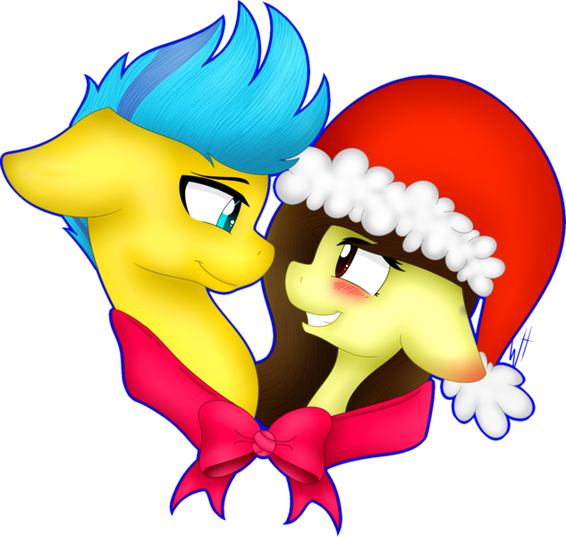 Size: 1640x1555 | Tagged: safe, artist:whitehershey, derpibooru import, oc, oc:white hershey, unofficial characters only, pony, blushing, christmas, eye contact, female, hat, holiday, looking at each other, male, oc x oc, santa hat, shipping, simple background, transparent background