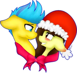 Size: 1640x1555 | Tagged: safe, artist:whitehershey, derpibooru import, oc, oc:white hershey, unofficial characters only, pony, blushing, christmas, eye contact, female, hat, holiday, looking at each other, male, oc x oc, santa hat, shipping, simple background, transparent background