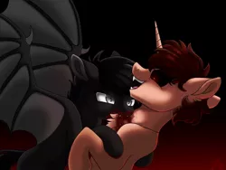 Size: 1024x771 | Tagged: grimdark, artist:whitehershey, derpibooru import, oc, unofficial characters only, bat pony, pony, unicorn, art trade, biting, blood, brother and sister, duo, fangs, female, gradient background, male, siblings