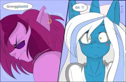 Size: 700x460 | Tagged: suggestive, artist:masao114, derpibooru import, edit, editor:soulless pinkamena, oc, oc:fleurbelle, oc:soulless pinkamena, anthro, unicorn, blushing, glasses, lol, piercing, taken out of context, text