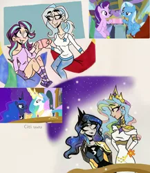 Size: 2857x3288 | Tagged: safe, artist:citi, derpibooru import, screencap, princess celestia, princess luna, starlight glimmer, trixie, human, best gift ever, clothes, cup, female, humanized, pajamas, royal sisters, scene interpretation, screencap reference, siblings, sisters, slippers, socks, striped socks