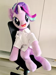 Size: 768x1024 | Tagged: safe, artist:nekokevin, derpibooru import, starlight glimmer, pony, unicorn, series:nekokevin's glimmy, chair, clothes, cute, female, glimmerbetes, irl, life size, looking at you, mare, open mouth, photo, plushie, shirt, sitting, smiling, solo