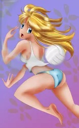 Size: 750x1200 | Tagged: suggestive, artist:kyle23emma, derpibooru import, meadow flower, human, barefoot, bikini, bikini bottom, breasts, butt, clothes, clumsy, feet, humanized, imminent pain, meadow butt, midriff, oh no, solo, sports, swimsuit, tanktop, this will end in pain, volleyball, worried