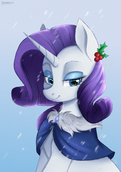 Size: 2894x4093 | Tagged: safe, artist:chickenbrony, derpibooru import, rarity, pony, unicorn, clothes, eyeshadow, female, holly, lidded eyes, makeup, mare, smiling, snow, solo