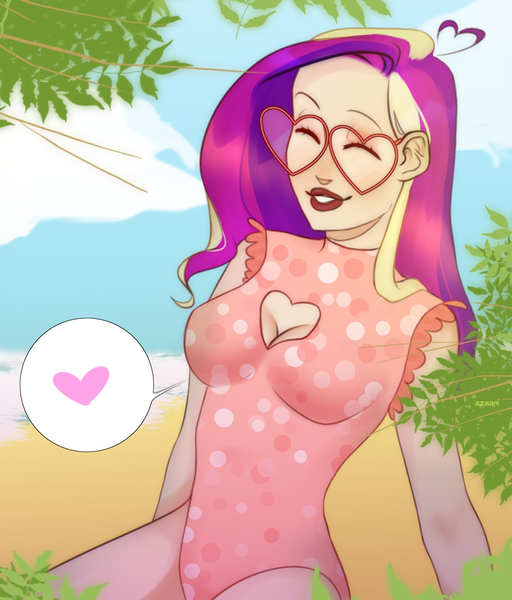 Size: 922x1080 | Tagged: artist:azaani, beach, boob window, breasts, clothes, derpibooru import, eyes closed, glasses, heart, heart glasses, human, humanized, one-piece swimsuit, princess cadance, safe, smiling, solo, swimsuit