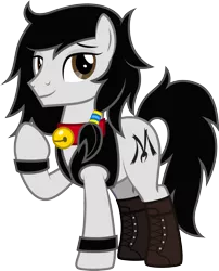 Size: 1889x2337 | Tagged: safe, artist:lightning stripe, derpibooru import, oc, oc:double m, earth pony, pony, derpibooru community collaboration, 2021 community collab, bell, bell collar, black mane, black tail, boots, brown eyes, clothes, collar, commission, cutie mark, earth pony oc, feminine stallion, jacket, male, shoes, show accurate, simple background, solo, stallion, transparent background, vector, white coat