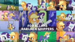 Size: 1280x721 | Tagged: safe, derpibooru import, edit, edited screencap, editor:quoterific, screencap, applejack, fluttershy, rarity, spike, sweetie belle, twilight sparkle, twilight sparkle (alicorn), alicorn, dragon, earth pony, pegasus, unicorn, it's about time, look before you sleep, made in manehattan, simple ways, sleepless in ponyville, the crystal empire, trade ya, collage, female, golden oaks library, lesbian, library, rarihick, rarijack, shipping, train, twilight's castle