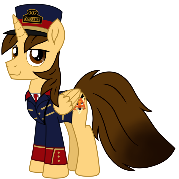 Size: 9506x9457 | Tagged: safe, artist:ejlightning007arts, derpibooru import, oc, oc:ej, unofficial characters only, alicorn, pony, alicorn oc, clothes, conductor, conductor hat, crossover, horn, looking at you, male, mr. conductor, simple background, stallion, thomas and the magic railroad, thomas the tank engine, transparent background, vector, wings