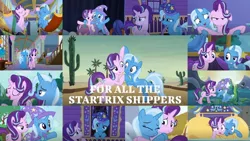 Size: 1280x720 | Tagged: safe, derpibooru import, edit, edited screencap, editor:quoterific, screencap, starlight glimmer, trixie, a horse shoe-in, all bottled up, best gift ever, no second prances, road to friendship, to change a changeling, to where and back again, cactus, collage, female, floppy ears, lesbian, school of friendship, shipping, startrix, trixie's puppeteering, trixie's wagon