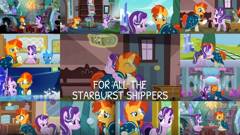 Size: 1280x720 | Tagged: safe, derpibooru import, edit, edited screencap, editor:quoterific, screencap, spike, starlight glimmer, sunburst, trixie, dragon, pony, unicorn, a horse shoe-in, shadow play, the crystal empire, the cutie re-mark, the last problem, the parent map, uncommon bond, collage, cutie map, female, floppy ears, male, mare, older, older starlight glimmer, older sunburst, school of friendship, shipping, stallion, starburst, straight