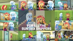 Size: 1280x720 | Tagged: safe, derpibooru import, edit, edited screencap, editor:quoterific, screencap, bulk biceps, curly winds, microchips, nurse redheart, some blue guy, sunset shimmer, trixie, wiz kid, equestria girls, equestria girls series, forgotten friendship, collage, female, geode of empathy, lesbian, magical geodes, shipping, suntrix