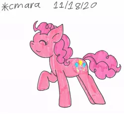 Size: 964x888 | Tagged: safe, artist:cmara, derpibooru import, pinkie pie, earth pony, pony, eyes closed, female, mare, raised hoof, simple background, solo, traditional art, white background