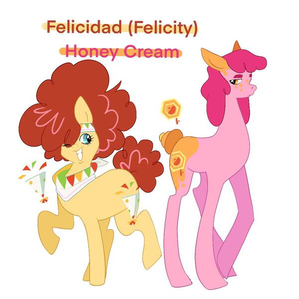 Size: 1024x1024 | Tagged: safe, artist:aztrial, derpibooru import, oc, oc:felicidad, oc:honey cream, earth pony, curly mane, offspring, parent:cheese sandwich, parent:pinkie pie, parents:cheesepie, party popper, poofy mane, transgender