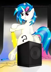 Size: 2480x3508 | Tagged: suggestive, artist:eel's stuff, derpibooru import, vinyl scratch, pony, unicorn, both cutie marks, butt, dock, female, frog (hoof), glasses, huge butt, large butt, looking at you, looking back, mare, neon, sitting, smiling, solo, speakers, underhoof, vinyl ass, wide hips