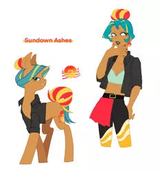 Size: 1783x1913 | Tagged: safe, artist:aztrial, derpibooru import, oc, oc:sundown ashes, unicorn, equestria girls, clothes, jacket, leather jacket, midriff, offspring, pants, parent:flash sentry, parent:sunset shimmer, parents:flashimmer, skirt