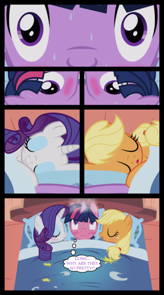 Size: 1280x2300 | Tagged: safe, artist:bigsnusnu, derpibooru import, applejack, rarity, twilight sparkle, comic:dusk shine in pursuit of happiness, bed, blushing, duskjack, dusk shine, dusk shine gets all the mares, female, half r63 shipping, lesbian, male, rarilight, rarishine, rule 63, shipping, sleeping, straight, twijack