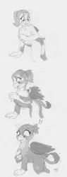 Size: 1000x2630 | Tagged: suggestive, artist:foxxy-arts, derpibooru import, gabby, gryphon, human, areola, breasts, comic, exclamation point, female, freckles, human to griffon, monochrome, nudity, ponytail, transformation, transformation sequence, wing growth
