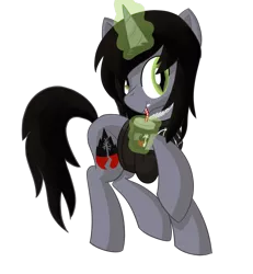 Size: 1261x1364 | Tagged: safe, artist:notadeliciouspotato, derpibooru import, oc, ponified, ponified:kellin quinn, pony, unicorn, clothes, cup, disguise, disguised siren, drink, drinking, drinking straw, fangs, gift art, glowing horn, happy, horn, jewelry, looking at you, magic, male, necklace, raised hoof, shirt, simple background, slit eyes, smiling, solo, stallion, t-shirt, telekinesis, transparent background