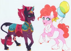 Size: 3813x2732 | Tagged: safe, artist:frozensoulpony, derpibooru import, fizzlepop berrytwist, pinkie pie, tempest shadow, pony, armor, balloon, female, lesbian, shipping, tempest gets her horn back, tempestpie, traditional art