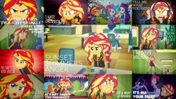 Size: 1280x720 | Tagged: safe, derpibooru import, edit, edited screencap, editor:quoterific, screencap, flam, fluttershy, pinkie pie, rainbow dash, rarity, sandalwood, sci-twi, starlight, sunset shimmer, trixie, twilight sparkle, wallflower blush, equestria girls, equestria girls (movie), equestria girls series, forgotten friendship, friendship games, game stream, rollercoaster of friendship, sunset's backstage pass!, spoiler:eqg series (season 2), angry, gamer sunset, geode of empathy, it's not about the parakeet, magical geodes, psycho gamer sunset, rageset shimmer, tell me what you need, that pony sure have anger issues