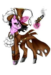 Size: 448x663 | Tagged: safe, artist:jvarts6112, derpibooru import, oc, oc:doctor gear, cyborg, pony, unicorn, chains, christmas, clock, evil, feather, female, gears, glasses, gun, hat, holiday, magic, meta, oc villain, piercing, simple background, smiling, solo, steampunk, transparent background, villainess, weapon