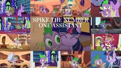 Size: 1280x721 | Tagged: safe, derpibooru import, edit, edited screencap, editor:quoterific, screencap, applejack, rarity, spike, twilight sparkle, twilight sparkle (alicorn), alicorn, dragon, earth pony, pony, unicorn, a flurry of emotions, applejack's "day" off, baby cakes, every little thing she does, friendship is magic, lesson zero, once upon a zeppelin, owl's well that ends well, spike at your service, the crystal empire, collage, female, golden oaks library, library, male, twilight's castle, unicorn twilight