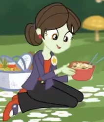 Size: 232x272 | Tagged: safe, derpibooru import, screencap, sophisticata, equestria girls, equestria girls series, background human, basket, chopsticks, cropped, ear piercing, earring, female, food, jewelry, noodle bowl, noodles, picnic basket, piercing, solo, soup