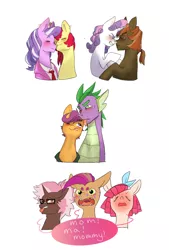 Size: 1024x1516 | Tagged: safe, artist:aztrial, derpibooru import, apple bloom, button mash, diamond tiara, scootaloo, spike, sweetie belle, oc, oc:scallops, oc:sugar poppet, oc:tech wiz, dragon, earth pony, hybrid, pegasus, unicorn, :p, bedroom eyes, blushing, blushing profusely, bow, clothes, cutie mark crusaders, diamondbloom, disgusted, ear piercing, embarrassed, female, freckles, glasses, interspecies offspring, lesbian, licking, magical lesbian spawn, male, necktie, nose piercing, nose to nose, nuzzling, offspring, older, older apple bloom, older button mash, older cmc, older diamond tiara, older scootaloo, older spike, older sweetie belle, parent:apple bloom, parent:button mash, parent:diamond tiara, parent:scootaloo, parent:spike, parent:sweetie belle, parents:diamondbloom, parents:scootaspike, parents:sweetiemash, piercing, scootaspike, shipping, straight, suit, sweetiemash, tongue out