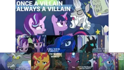 Size: 1812x1027 | Tagged: safe, derpibooru import, edit, edited screencap, editor:quoterific, screencap, discord, princess luna, star swirl the bearded, starlight glimmer, sunset shimmer, tempest shadow, thorax, trixie, twilight sparkle, twilight sparkle (alicorn), alicorn, changeling, draconequus, pony, unicorn, equestria girls, equestria girls series, forgotten friendship, my little pony: the movie, shadow play, the times they are a changeling, to where and back again, female, male, mare, stallion, storm guard, twilight's castle