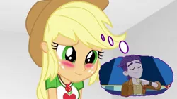 Size: 1280x720 | Tagged: safe, artist:themexicanpunisher, derpibooru import, edit, edited screencap, screencap, applejack, dirk thistleweed, accountibilibuddies, equestria girls, equestria girls series, rollercoaster of friendship, spoiler:eqg series (season 2), accountibilibuddies: rainbow dash, appledirk, blushing, female, freckles, geode of super strength, magical geodes, male, shipping, straight