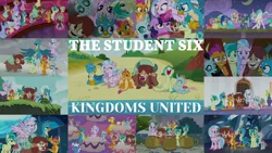 Size: 1988x1119 | Tagged: safe, derpibooru import, edit, edited screencap, editor:quoterific, screencap, auburn vision, berry blend, berry bliss, carrot cake, cozy glow, cup cake, gallus, huckleberry, maud pie, mudbriar, november rain, ocellus, peppermint goldylinks, pokey pierce, pound cake, princess celestia, pumpkin cake, sandbar, silverstream, smolder, spike, twilight sparkle, twilight sparkle (alicorn), yona, alicorn, changedling, changeling, dragon, earth pony, gryphon, hippogriff, pony, yak, a matter of principals, horse play, non-compete clause, school daze, school raze, the ending of the end, the last problem, uprooted, clothes, cosplay, costume, dragoness, female, friendship student, male, mare, stallion, student six