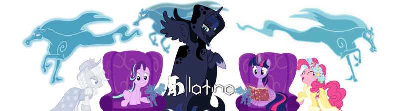 Size: 3600x1002 | Tagged: safe, derpibooru import, edit, editor:tcgamebot, applejack, pinkie pie, princess luna, spirit of hearth's warming past, spirit of hearth's warming presents, spirit of hearth's warming yet to come, starlight glimmer, twilight sparkle, alicorn, earth pony, ghost, ghost pony, pony, undead, windigo, a hearth's warming tail, book, chair, holiday, logo, magic, ponylatino, simple background, transparent background
